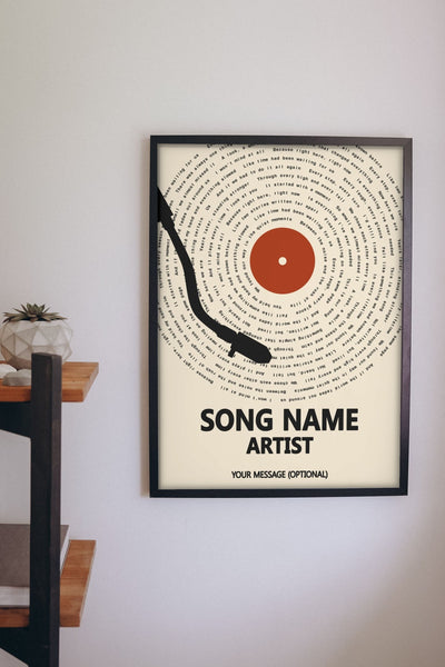 Lifestyle - Personalised Song Lyrics Vinyl Record Print hanging on a living room wall