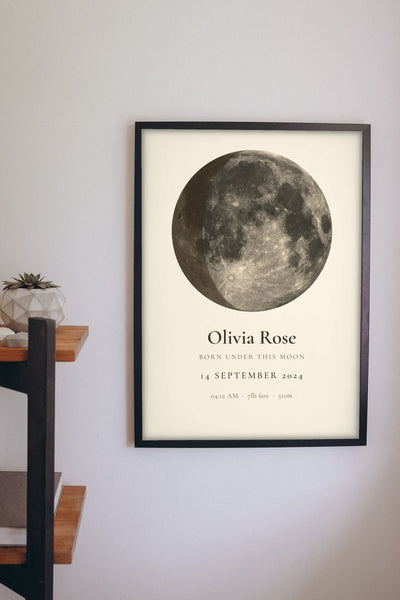 Lifestyle - Personalised New Baby Moon Phase Print hanging on a living room wall