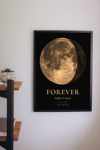 Lifestyle - Personalised Anniversary Moon Phase Print hanging on a living room wall