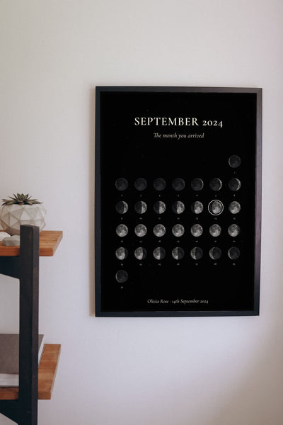 Lifestyle - Personalised Moon Calendar Print hanging on a living room wall