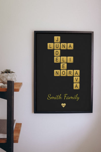 Lifestyle - Personalised Glitter Family Name Scrabble Print hanging on a living room wall