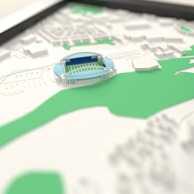 3D Accu Stadium Map Framed - Close-up across the 3D map: the real Accu Stadium stands with royal blue seats around the green pitch