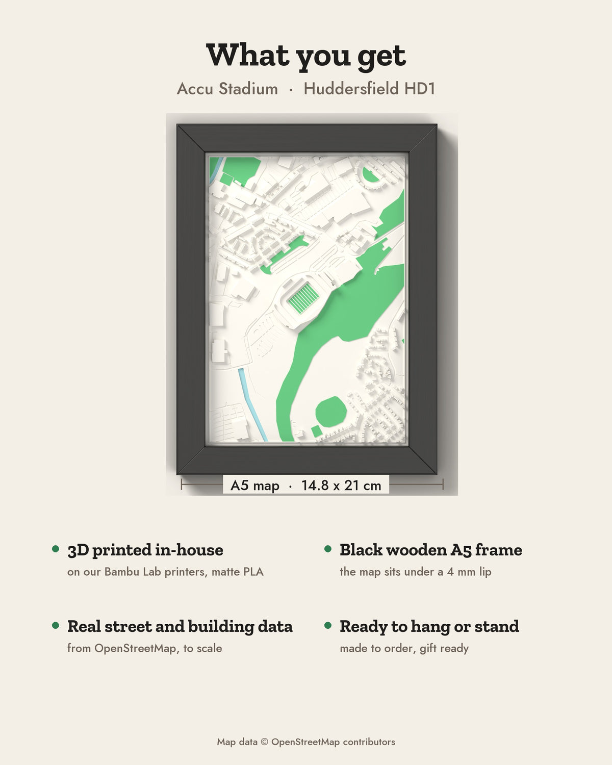 3D Accu Stadium Map Framed - What you get: A5 3D stadium map, 14.8 x 21 cm, in a black wooden frame
