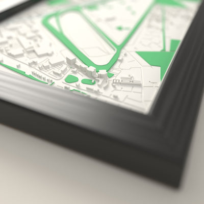 3D Aintree Racecourse Map Framed - Close-up across the 3D map: the Aintree Racecourse racing surface and grandstands standing up from the streets