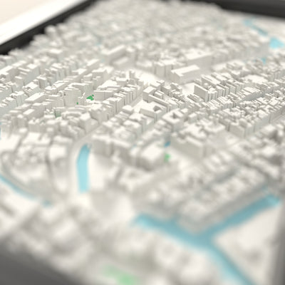 3D Amsterdam Map Framed - Close-up across the 3D Amsterdam map showing the raised streets and buildings