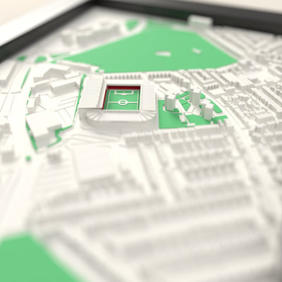 3D Ashton Gate Map Framed - Close-up across the 3D map: the real Ashton Gate stands with red seats around the green pitch