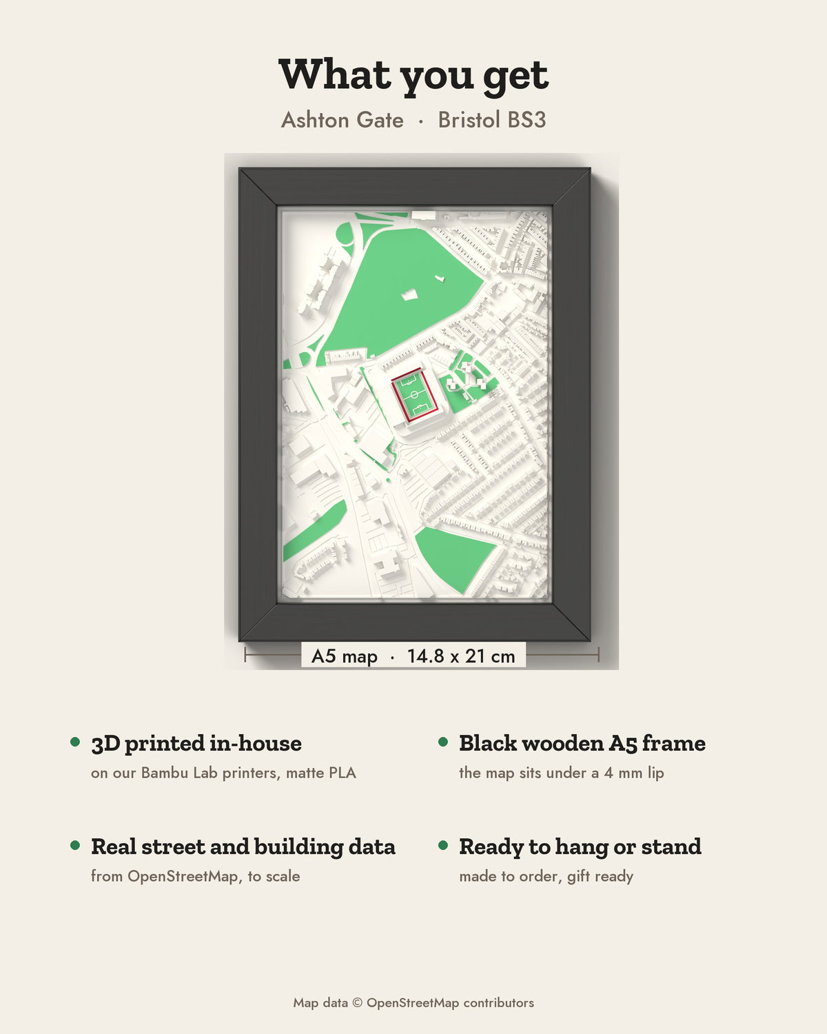 3D Ashton Gate Map Framed - What you get: A5 3D stadium map, 14.8 x 21 cm, in a black wooden frame