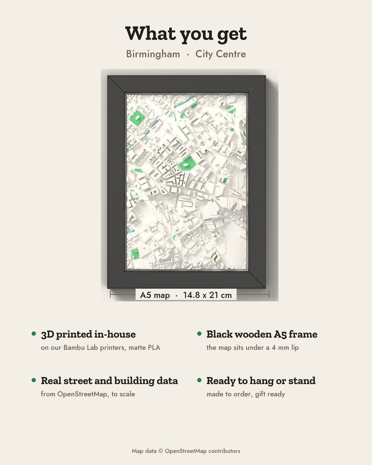 3D Birmingham Map Framed - What you get: A5 3D city map, 14.8 x 21 cm, in a black wooden frame
