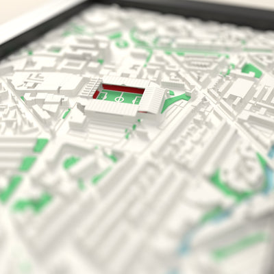 3D Bramall Lane Map Framed - Close-up across the 3D map showing the Bramall Lane stands and green pitch standing up from the streets