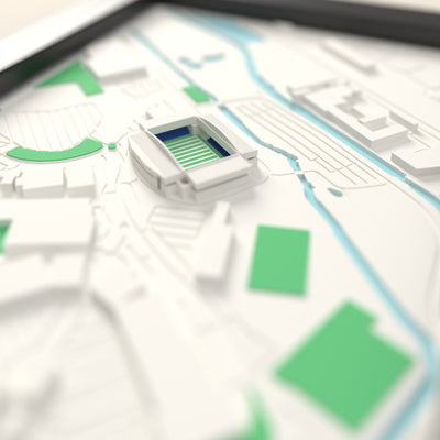 3D Brick Community Stadium Map Framed - Close-up across the 3D map: the real Brick Community Stadium stands with royal blue seats around the green pitch