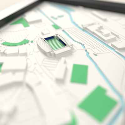 3D Brick Community Stadium Map Framed - Close-up across the 3D map: the real Brick Community Stadium stands with royal blue seats around the green pitch