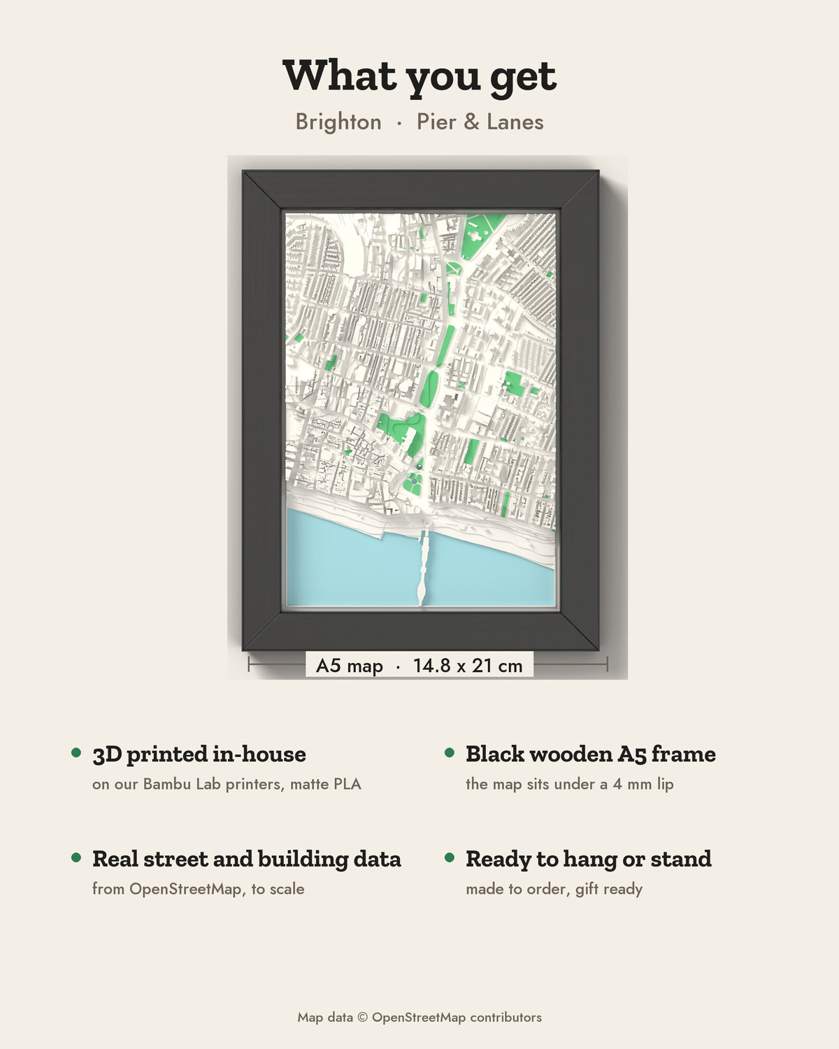 3D Brighton Map Framed - What you get: A5 3D city map, 14.8 x 21 cm, in a black wooden frame