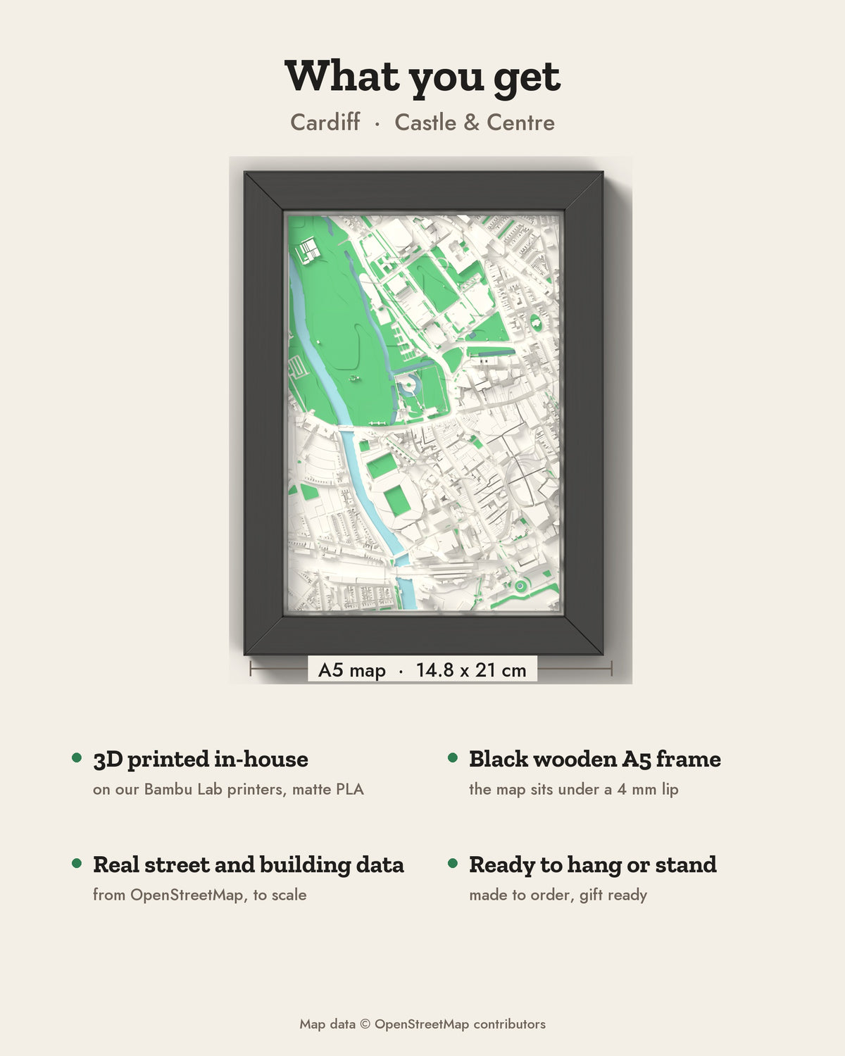 3D Cardiff Map Framed - What you get: A5 3D city map, 14.8 x 21 cm, in a black wooden frame