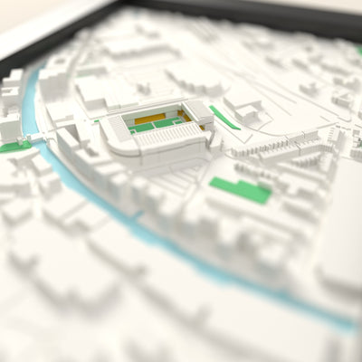 3D Carrow Road Map Framed - Close-up across the 3D map: the real Carrow Road stands with yellow seats around the green pitch
