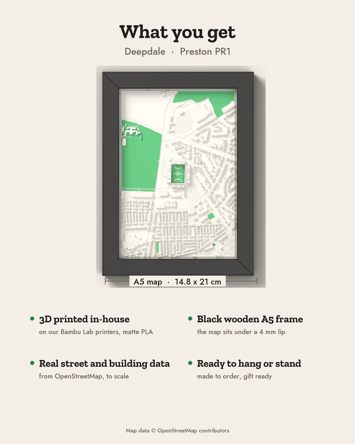 3D Deepdale Map Framed - What you get: A5 3D stadium map, 14.8 x 21 cm, in a black wooden frame