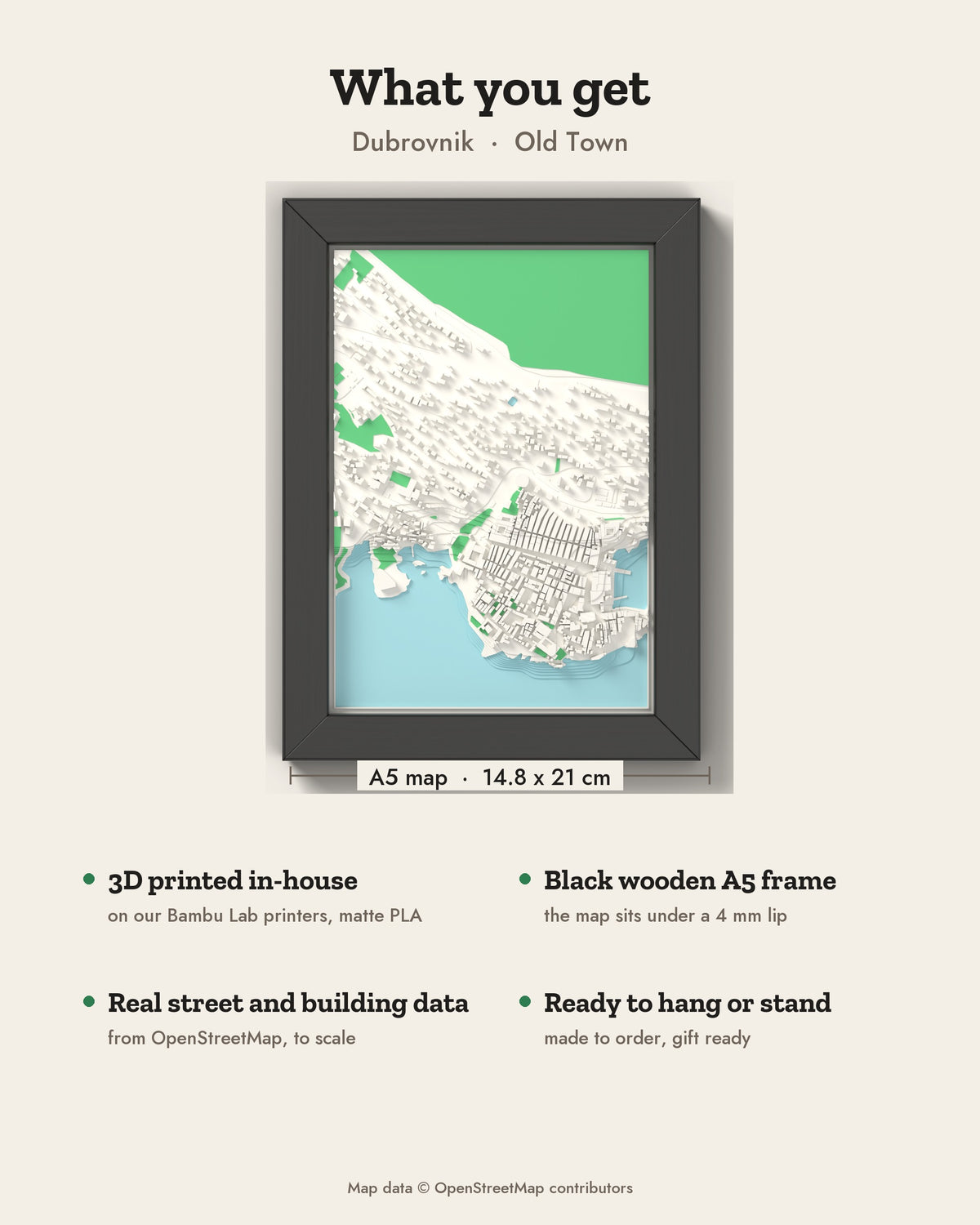 3D Dubrovnik Map Framed - What you get: A5 3D city map, 14.8 x 21 cm, in a black wooden frame