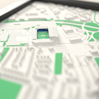 3D Elland Road Map Framed - Close-up across the 3D map: the real Elland Road stands with royal blue seats around the green pitch