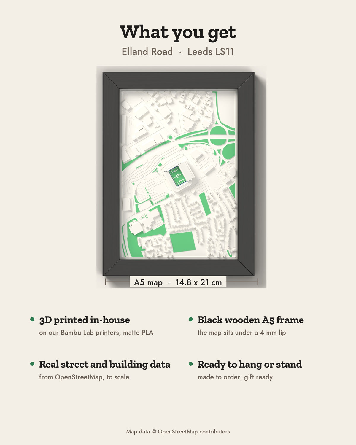 3D Elland Road Map Framed - What you get: A5 3D stadium map, 14.8 x 21 cm, in a black wooden frame