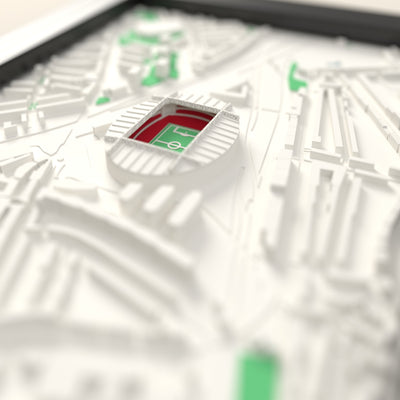 3D Emirates Stadium Map Framed - Close-up across the 3D map showing the Emirates Stadium stands and green pitch standing up from the streets