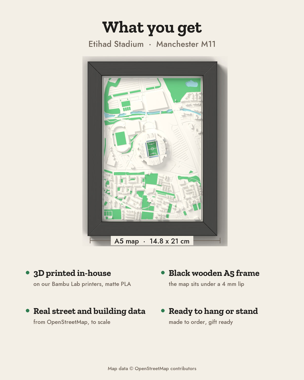 3D Etihad Stadium Map Framed - What you get: A5 3D stadium map, 14.8 x 21 cm, in a black wooden frame