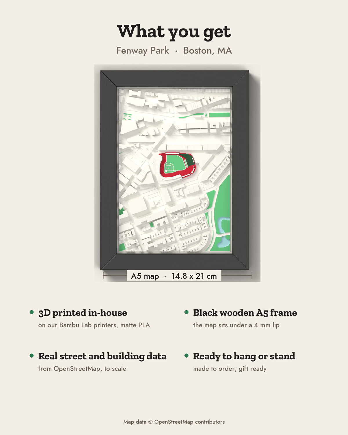 3D Fenway Park Map Framed - What you get: A5 3D stadium map, 14.8 x 21 cm, in a black wooden frame