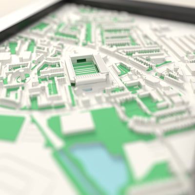 3D Franklin's Gardens Map Framed - Close-up across the 3D map: the real Franklin's Gardens stands with green seats around the green pitch