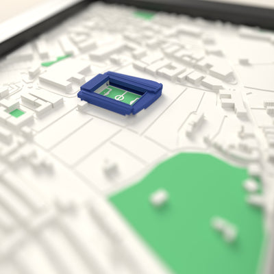 3D Fratton Park Map Framed - Close-up across the 3D map showing the Fratton Park stands and green pitch standing up from the streets