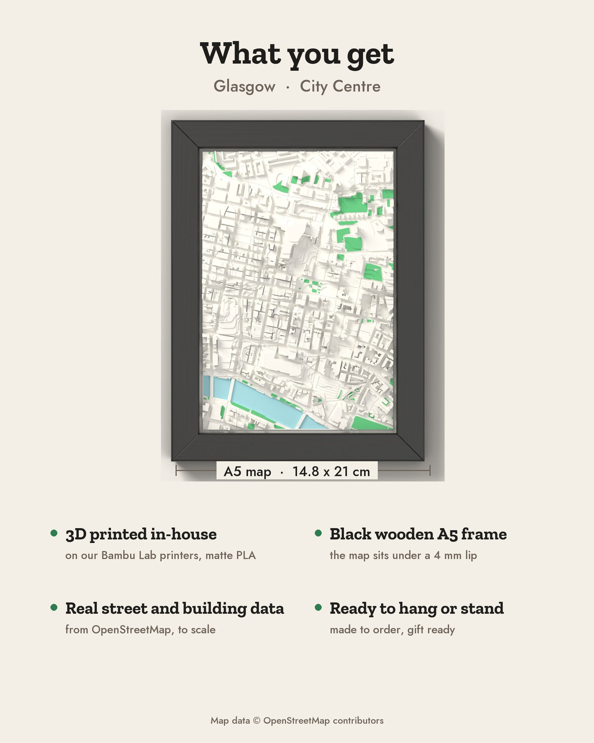 3D Glasgow Map Framed - What you get: A5 3D city map, 14.8 x 21 cm, in a black wooden frame