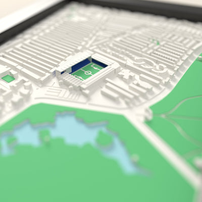 3D Goodison Park Map Framed - Close-up across the 3D map: the real Goodison Park stands with royal blue seats around the green pitch
