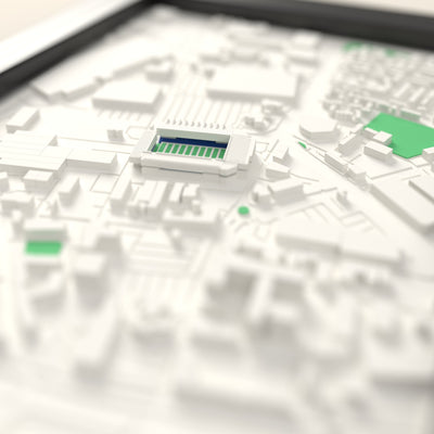3D Halliwell Jones Stadium Map Framed - Close-up across the 3D map: the real Halliwell Jones Stadium stands with royal blue seats around the green pitch
