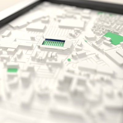 3D Halliwell Jones Stadium Map Framed - Close-up across the 3D map: the real Halliwell Jones Stadium stands with royal blue seats around the green pitch