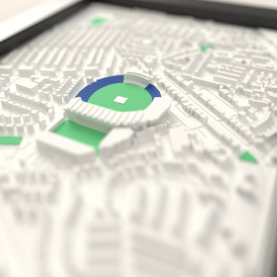 3D Headingley Cricket Ground Map Framed - Close-up across the 3D map: the Headingley stands around the green outfield standing up from the streets