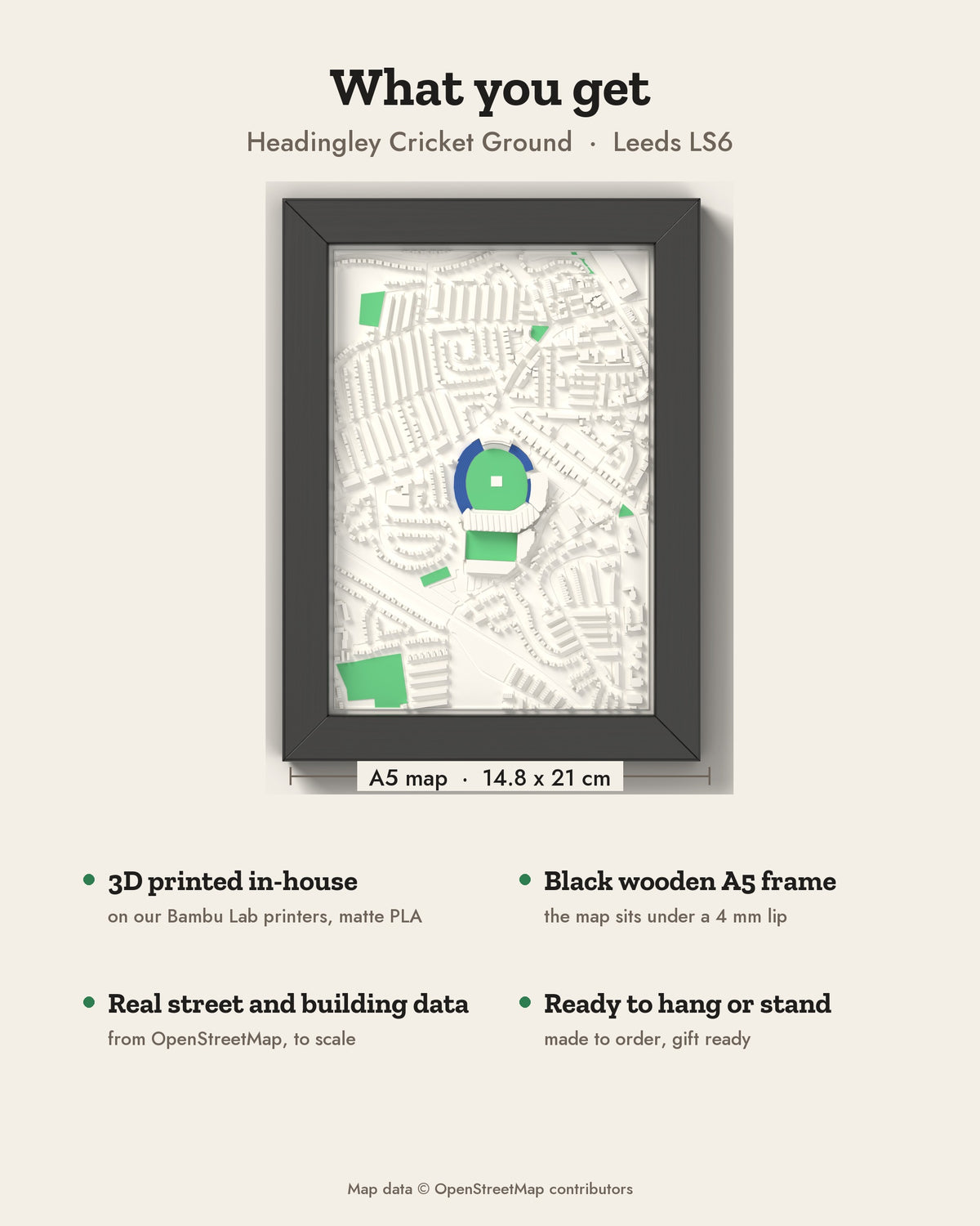 3D Headingley Cricket Ground Map Framed - What you get: A5 3D map, 14.8 x 21 cm, in a black wooden frame