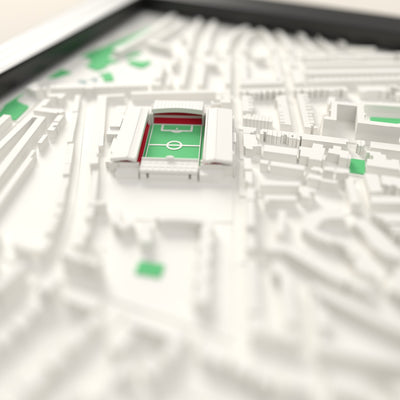 3D Highbury Map Framed - Close-up across the 3D map: the old Highbury with its art deco East and West Stand buildings, the North Bank and the Clock End, red seats around the green pitch