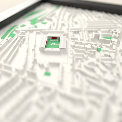 3D Highbury Map Framed - Close-up across the 3D map showing the old Highbury stands and green pitch standing up from the streets