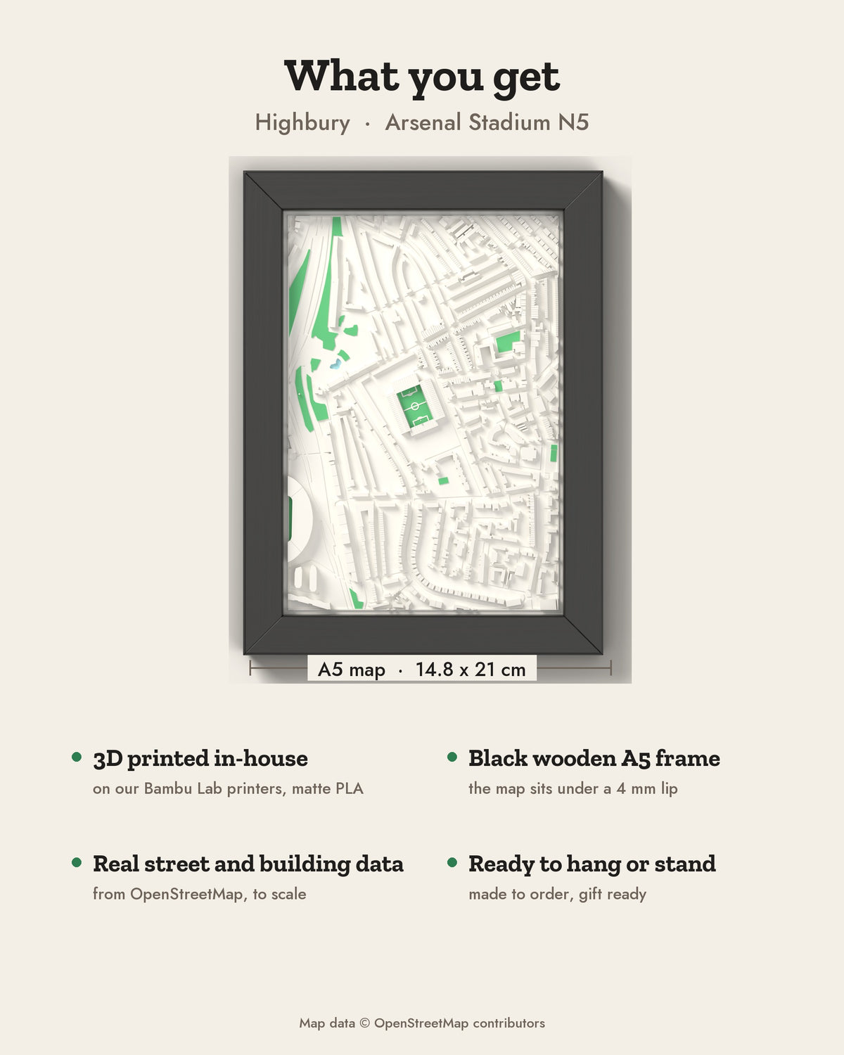 3D Highbury Map Framed - What you get: A5 3D stadium map, 14.8 x 21 cm, in a black wooden frame