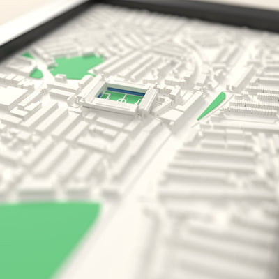 3D Highfield Road Map Framed - Close-up across the 3D map showing the old Highfield Road stands and green pitch standing up from the streets