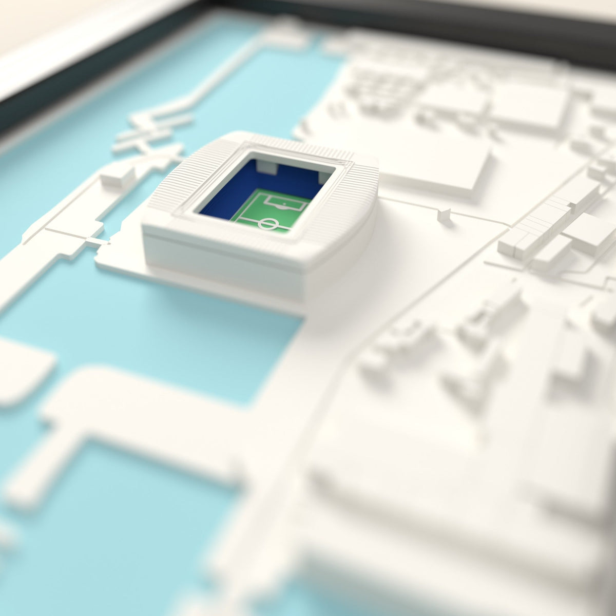 3D Hill Dickinson Stadium Map Framed - Close-up across the 3D map: the real Hill Dickinson Stadium stands with royal blue seats around the green pitch