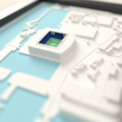 3D Hill Dickinson Stadium Map Framed - Close-up across the 3D map: the real Hill Dickinson Stadium stands with royal blue seats around the green pitch
