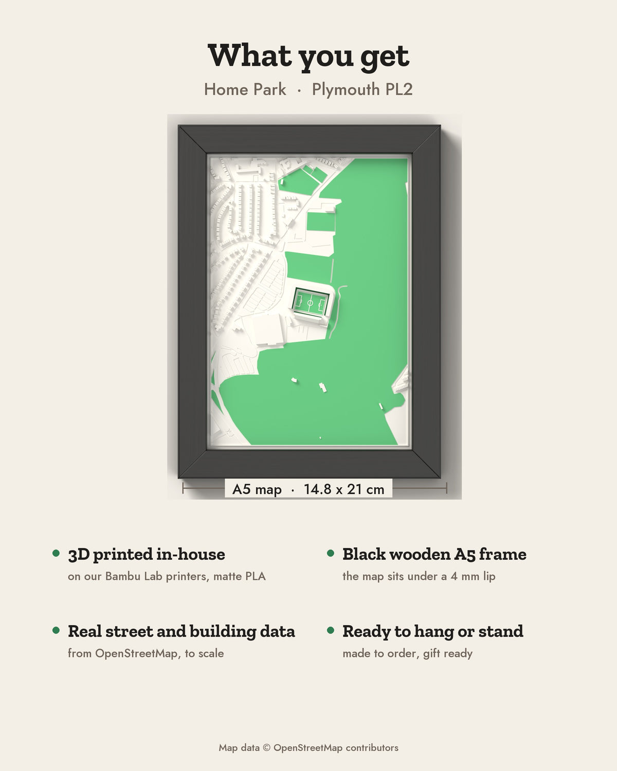 3D Home Park Map Framed - What you get: A5 3D stadium map, 14.8 x 21 cm, in a black wooden frame