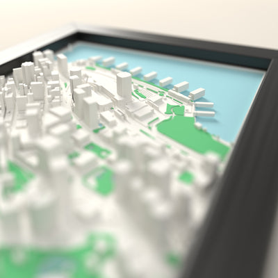 3D Hong Kong Map Framed - Close-up across the 3D Hong Kong map showing the raised streets and buildings