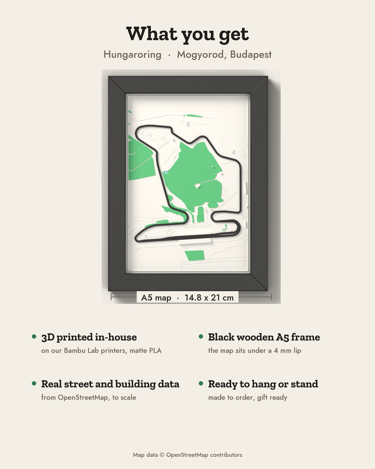 3D Hungaroring Map Framed - What you get: A5 3D circuit map, 14.8 x 21 cm, in a black wooden frame