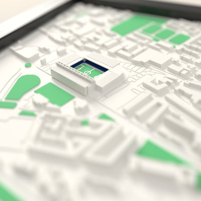 3D Ibrox Stadium Map Framed - Close-up across the 3D map: the real Ibrox Stadium stands with royal blue seats around the green pitch