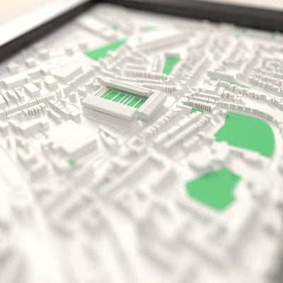 3D Kingsholm Stadium Map Framed - Close-up across the 3D map: the real Kingsholm Stadium stands with red seats around the green pitch
