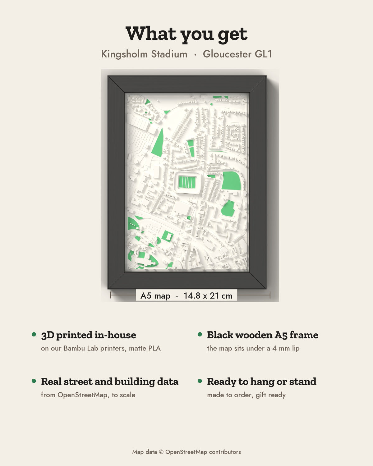 3D Kingsholm Stadium Map Framed - What you get: A5 3D stadium map, 14.8 x 21 cm, in a black wooden frame