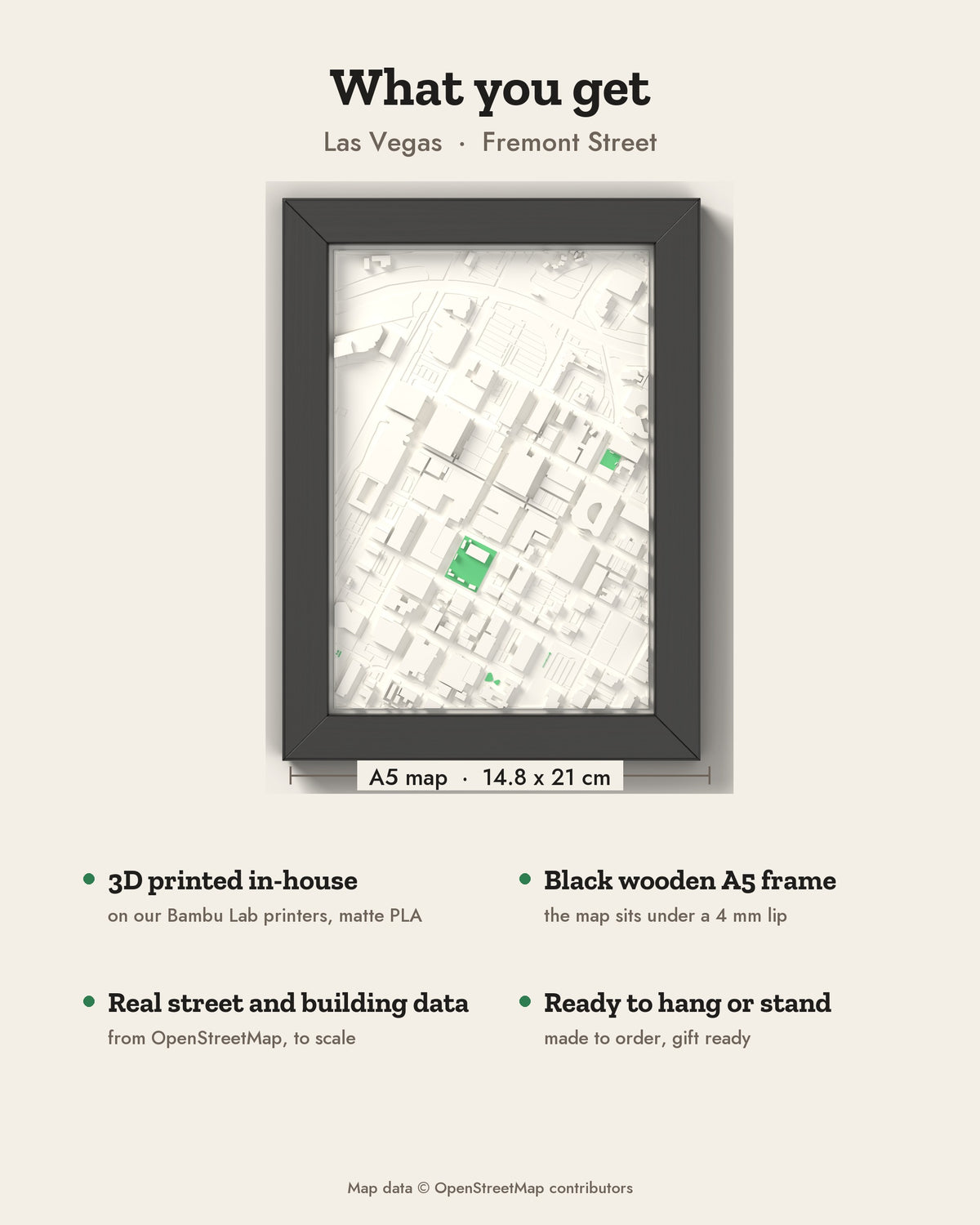 3D Las Vegas Map Framed - What you get: A5 3D city map, 14.8 x 21 cm, in a black wooden frame
