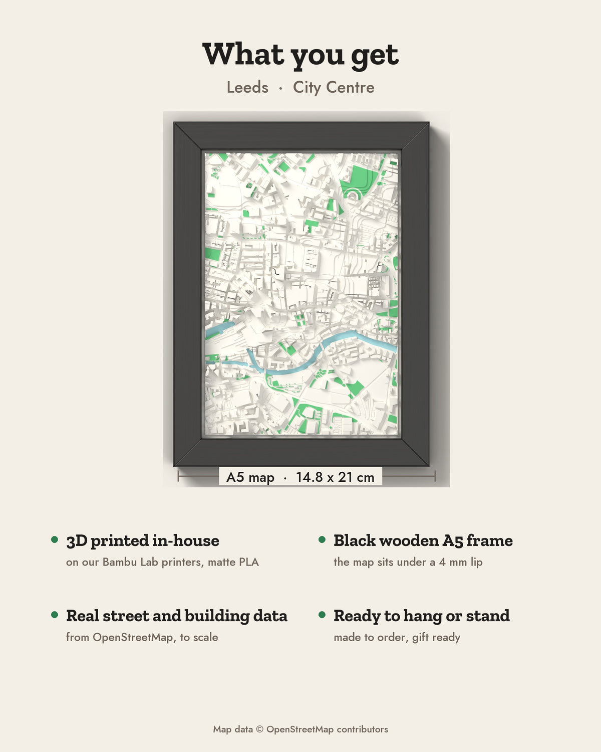 3D Leeds Map Framed - What you get: A5 3D city map, 14.8 x 21 cm, in a black wooden frame