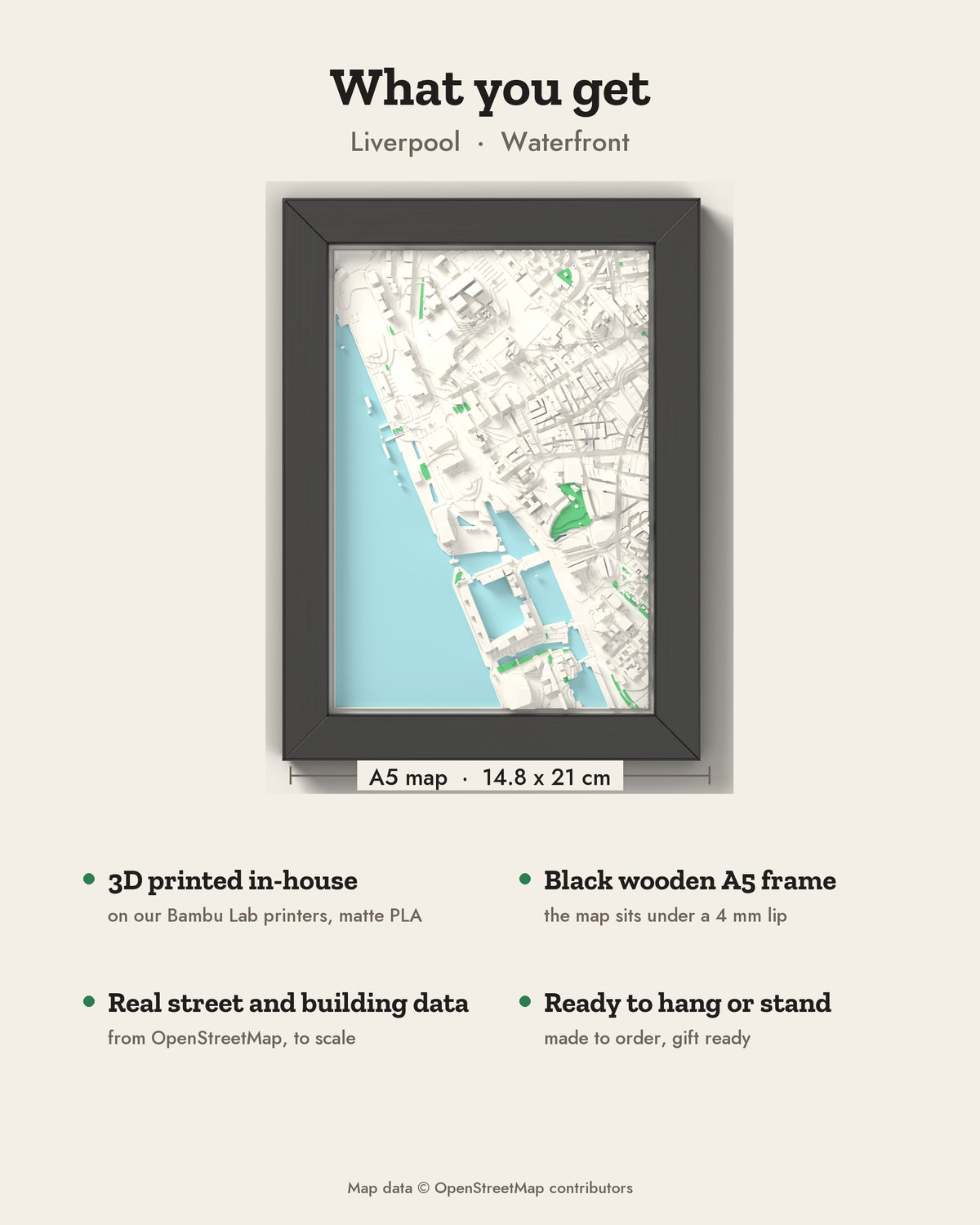 3D Liverpool Map Framed - What you get: A5 3D city map, 14.8 x 21 cm, in a black wooden frame