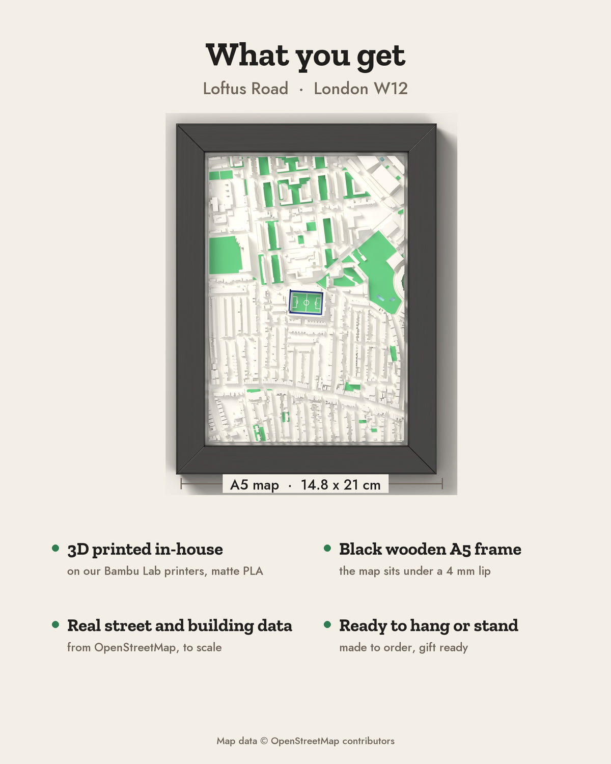 3D Loftus Road Map Framed - What you get: A5 3D stadium map, 14.8 x 21 cm, in a black wooden frame