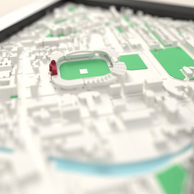 3D Lord's Cricket Ground Map Framed - Close-up across the 3D map: the Lord's Cricket Ground stands around the green outfield standing up from the streets